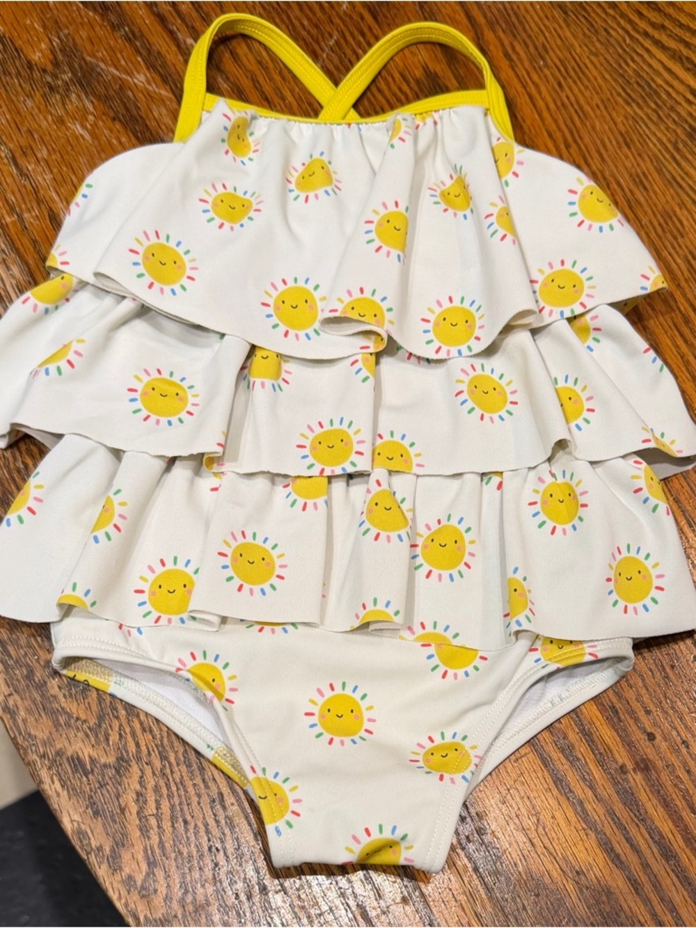 Baby Boden Sun Print Ruffle One-Piece Swimsuit - Yellow Sun, 12-18 mos